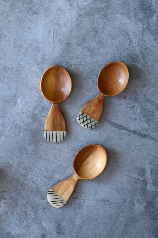 Olive Wood Fig Sugar Spoon with Etched Bone Handle