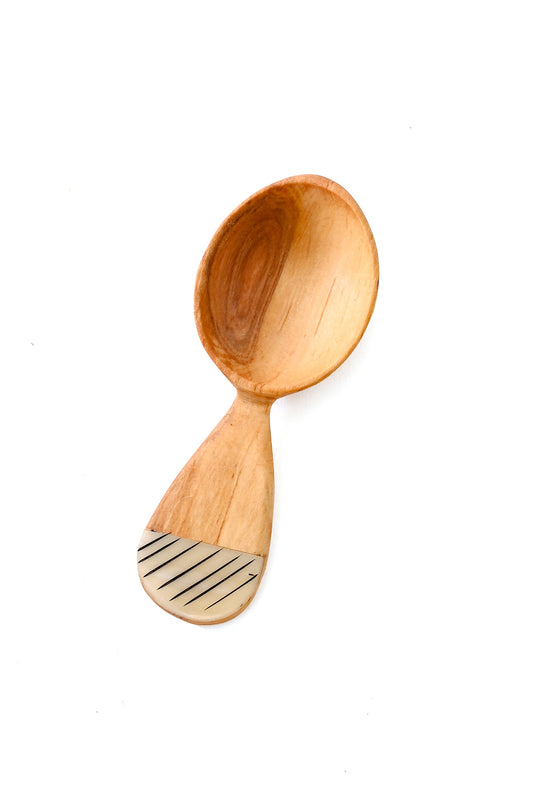 Olive Wood Fig Sugar Spoon with Etched Bone Handle