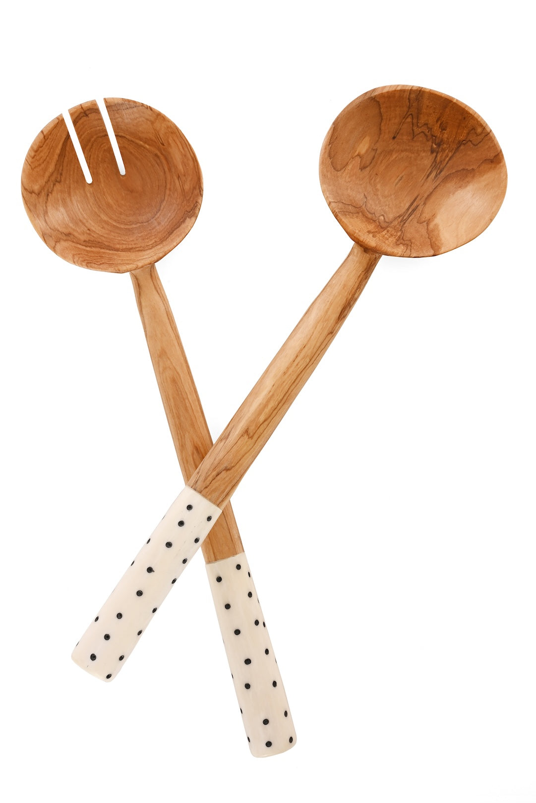 Kenyan Polka Dot Olive Wood Salad Servers with Bone Handles