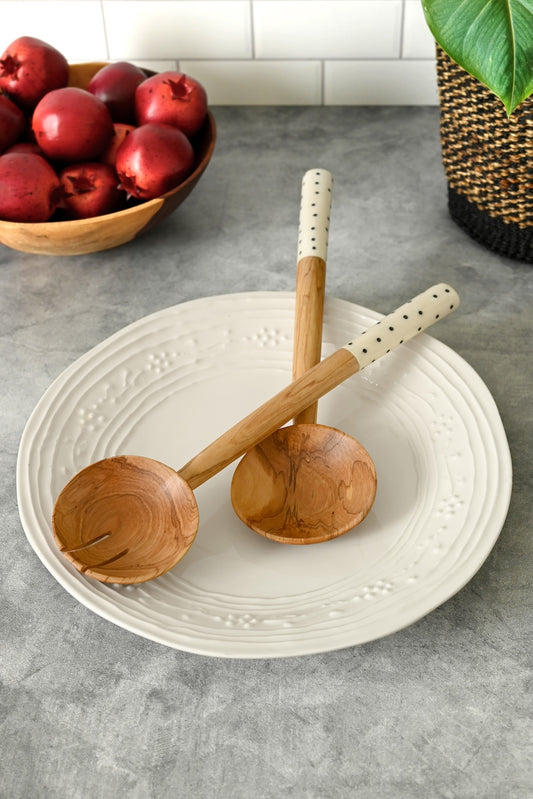 Kenyan Polka Dot Olive Wood Salad Servers with Bone Handles