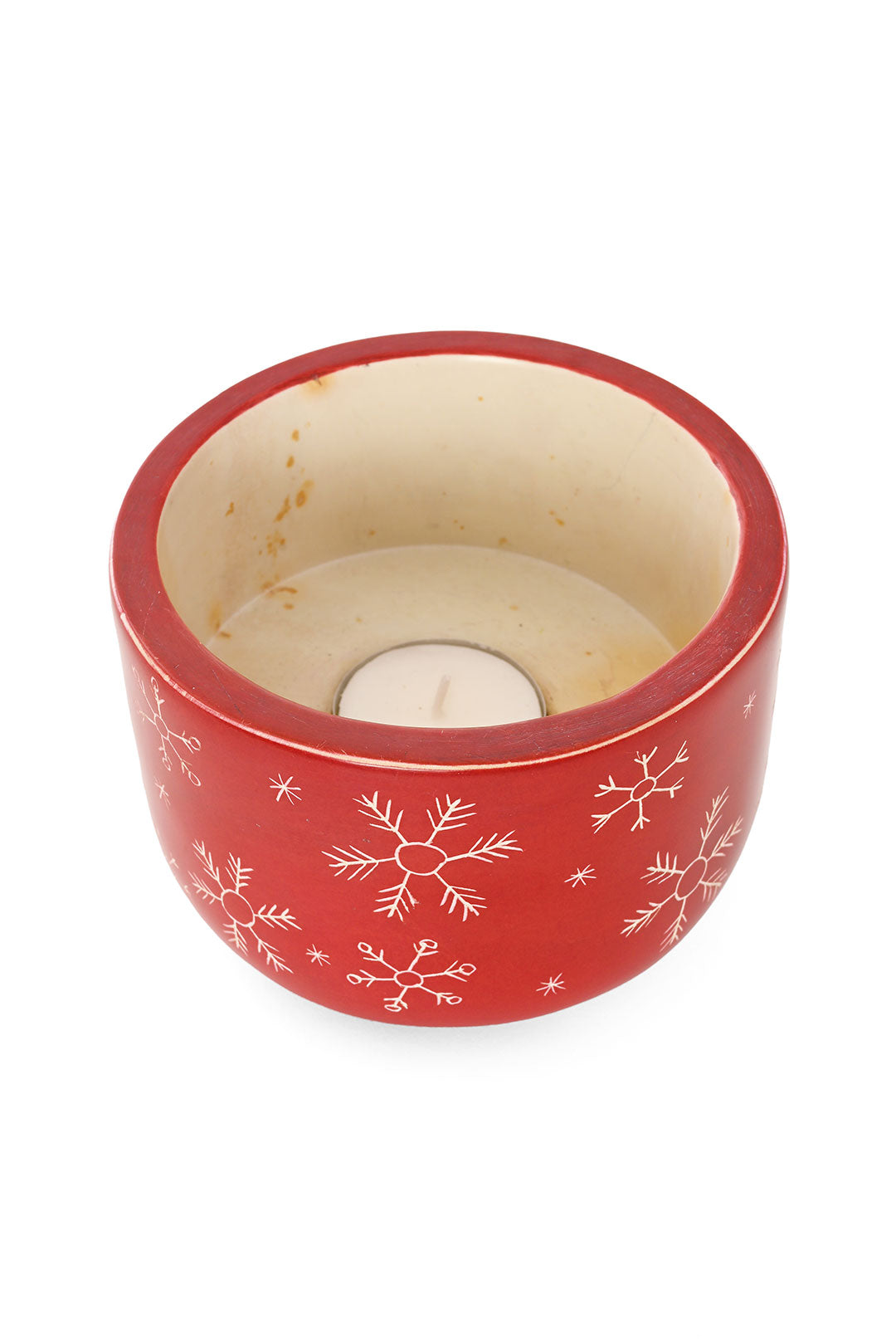 Crimson Soapstone Candle Holder with Etched Snowflakes