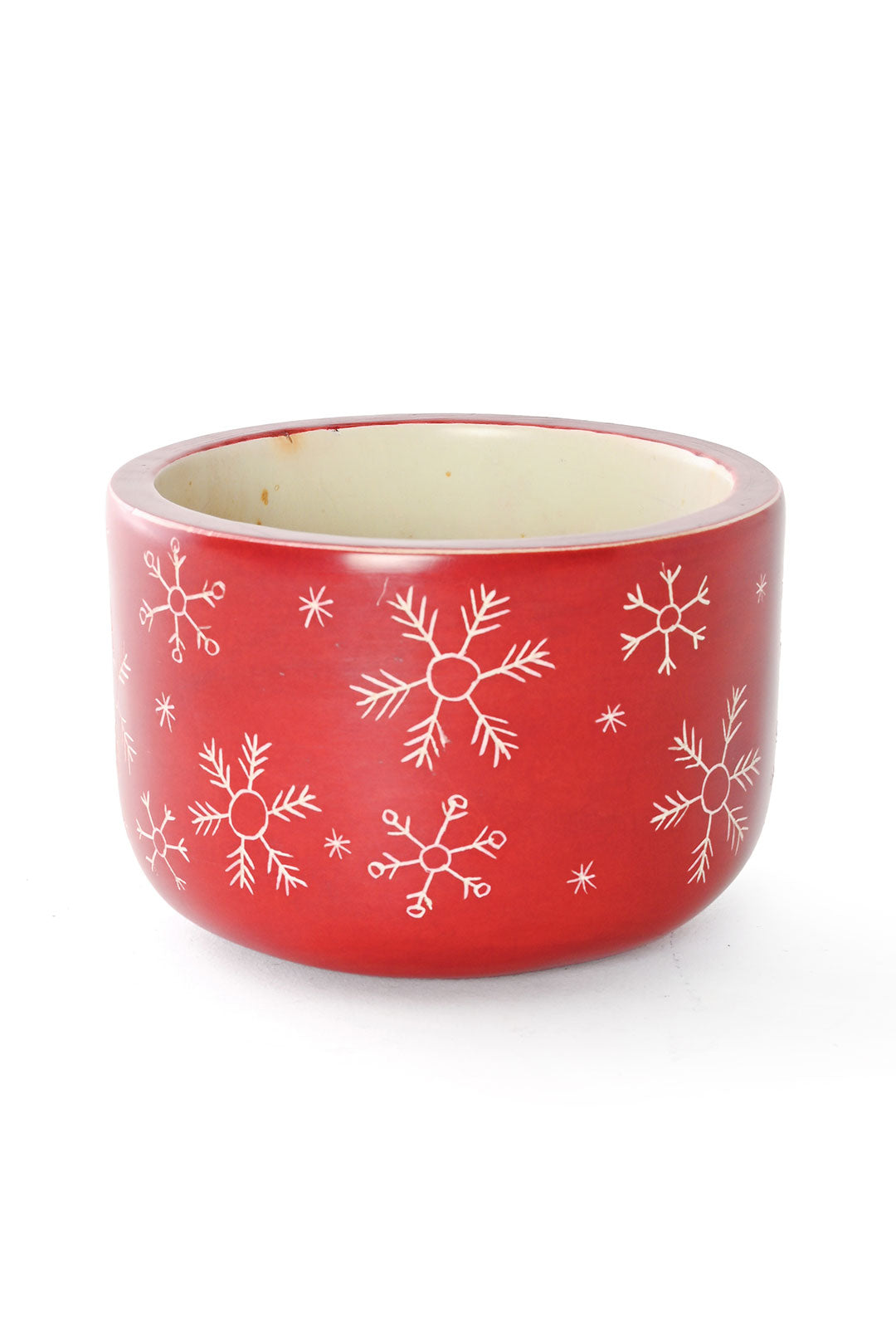 Crimson Soapstone Candle Holder with Etched Snowflakes
