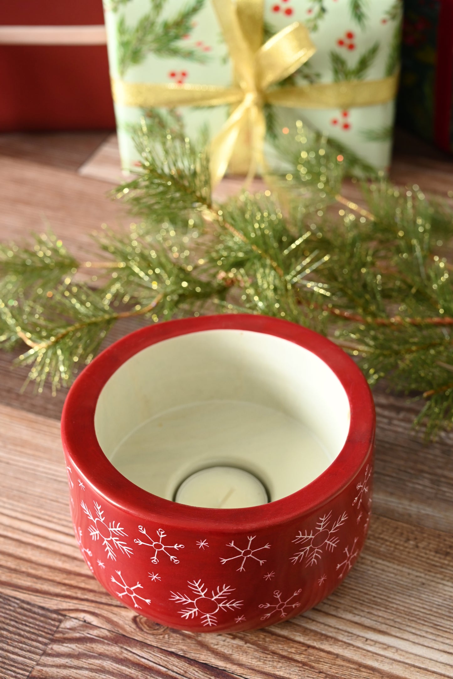 Crimson Soapstone Candle Holder with Etched Snowflakes