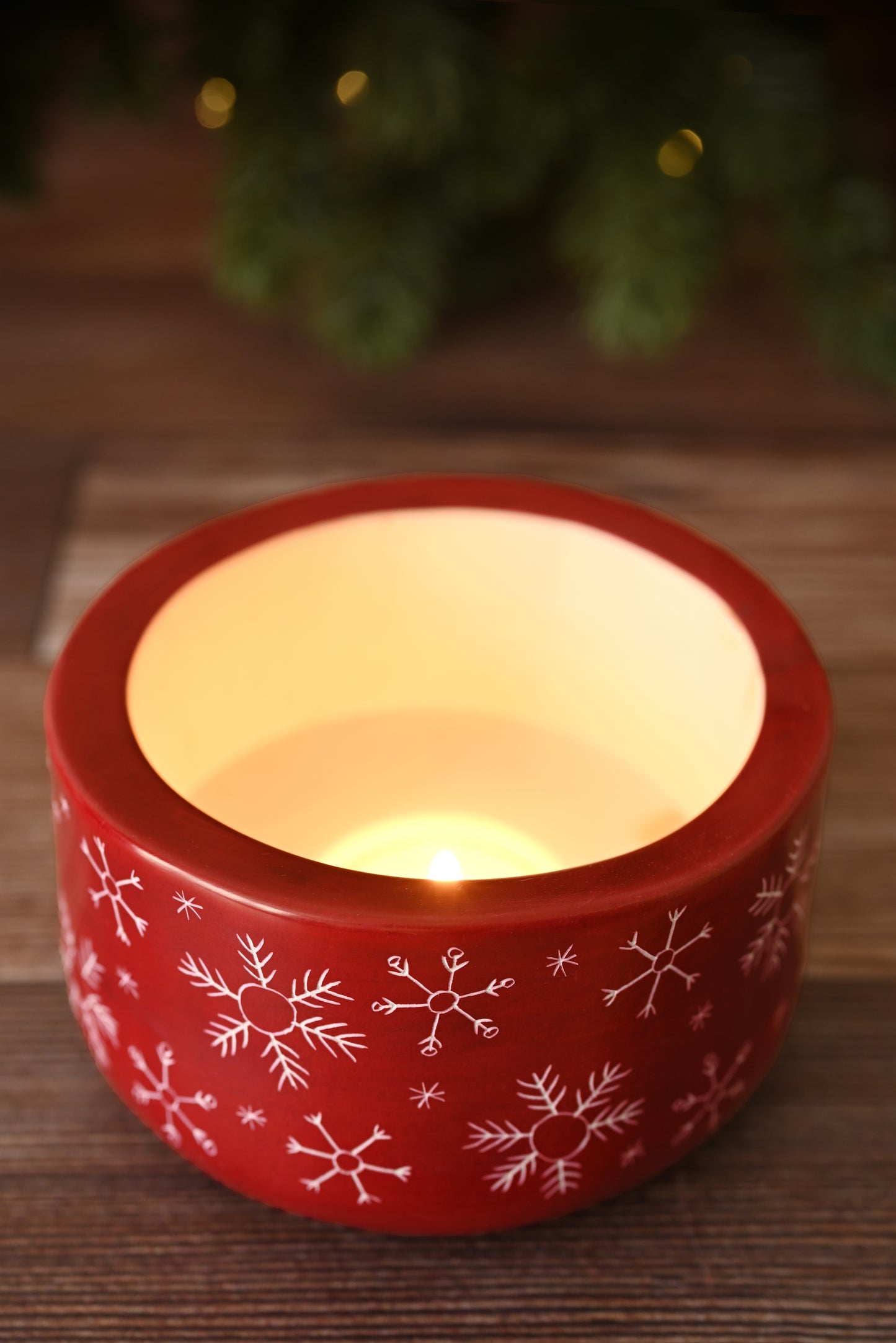 Crimson Soapstone Candle Holder with Etched Snowflakes