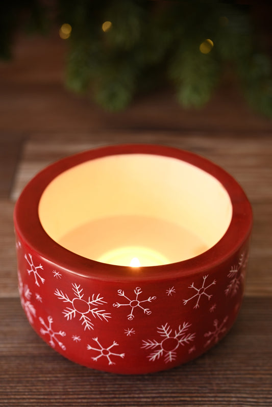 Crimson Soapstone Candle Holder with Etched Snowflakes