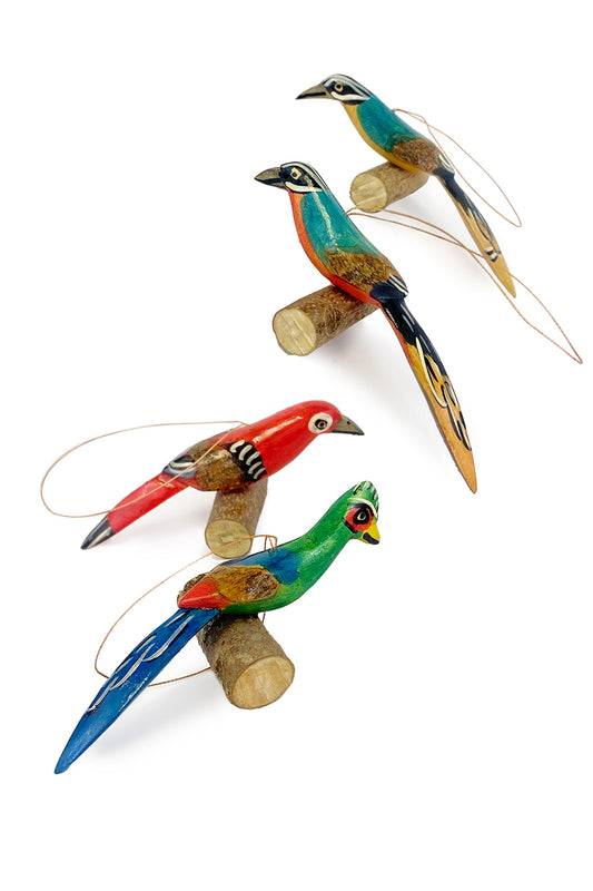 Set of Four Wooden Bird on Perch Ornaments