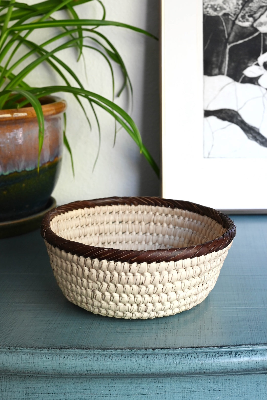 Turkana Doum Palm Tabletop Basket with Brown Rim