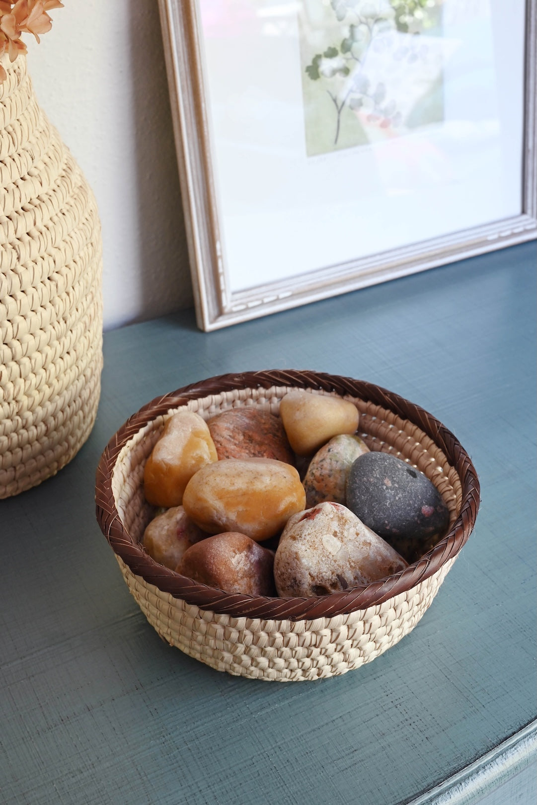 Turkana Doum Palm Tabletop Basket with Brown Rim