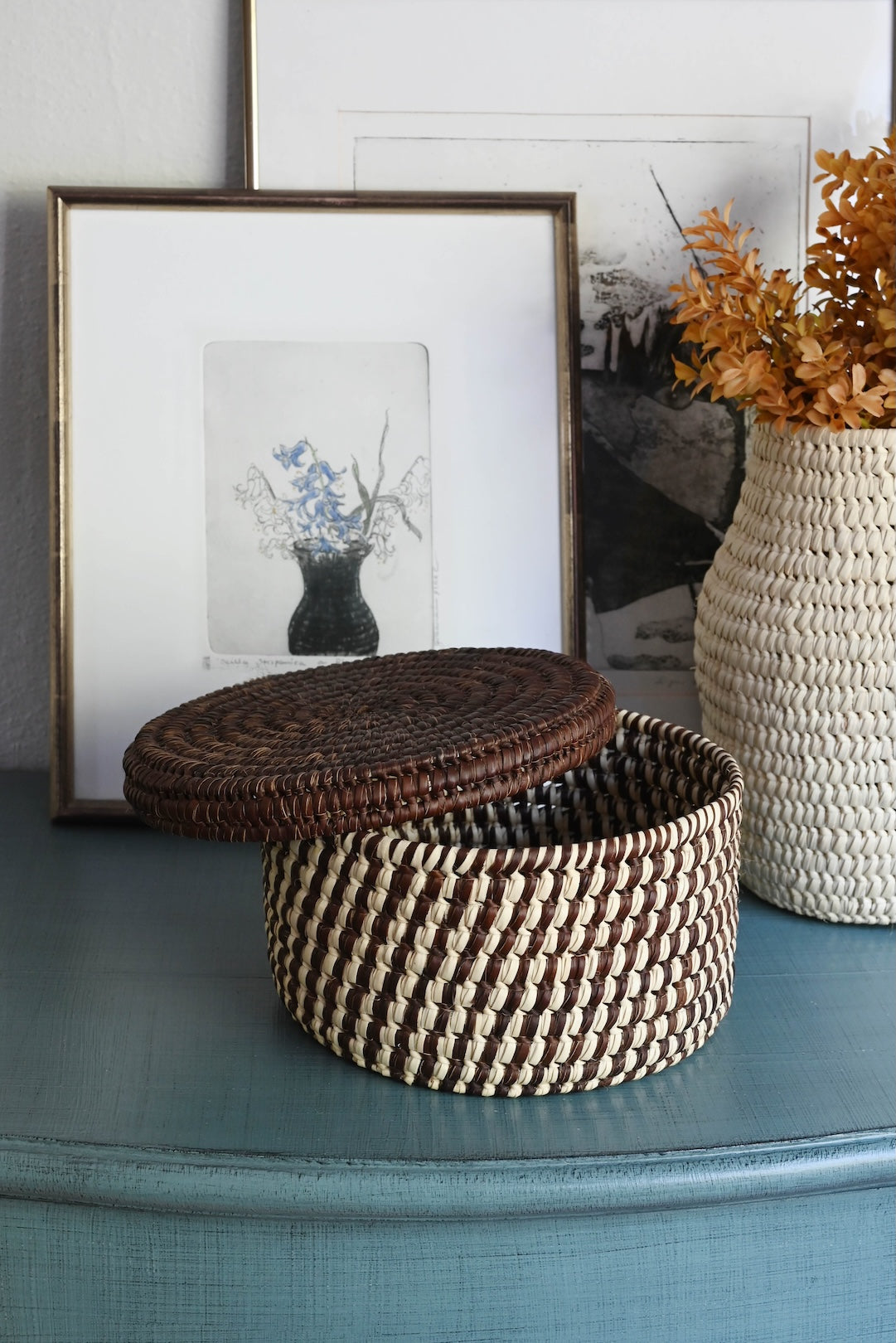 Turkana Brown and Natural Lidded Sewing Basket