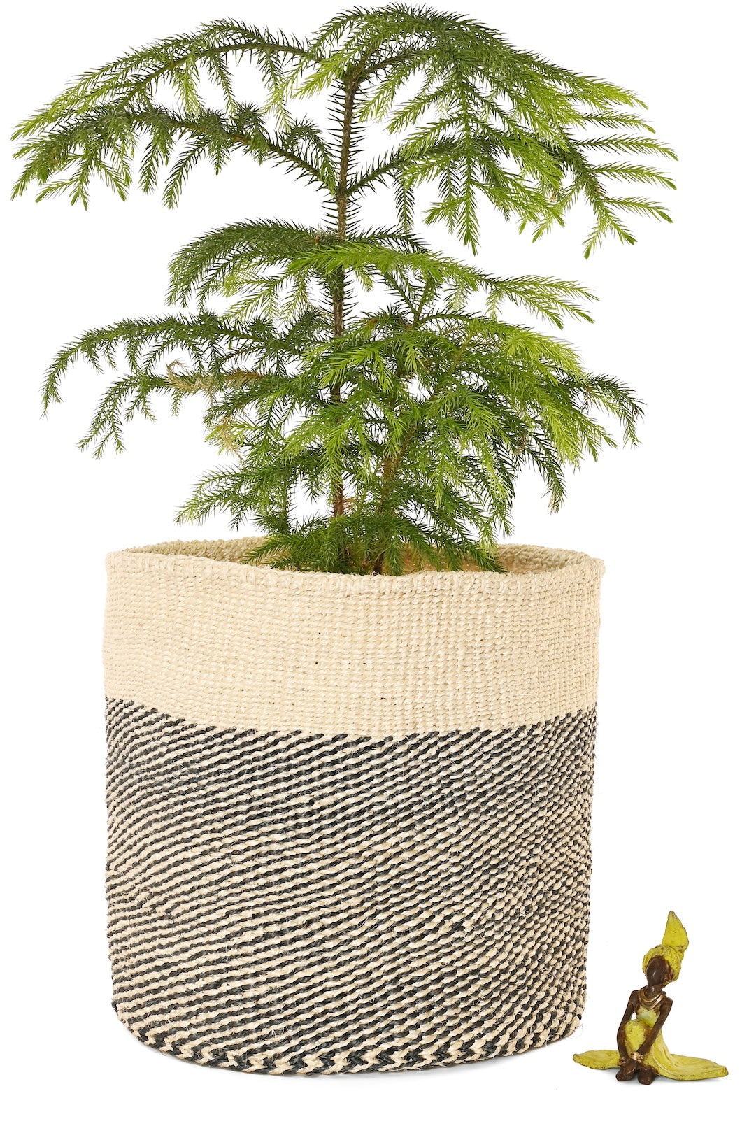 Large Charcoal Gray and Cream Twill Sisal Bin Basket