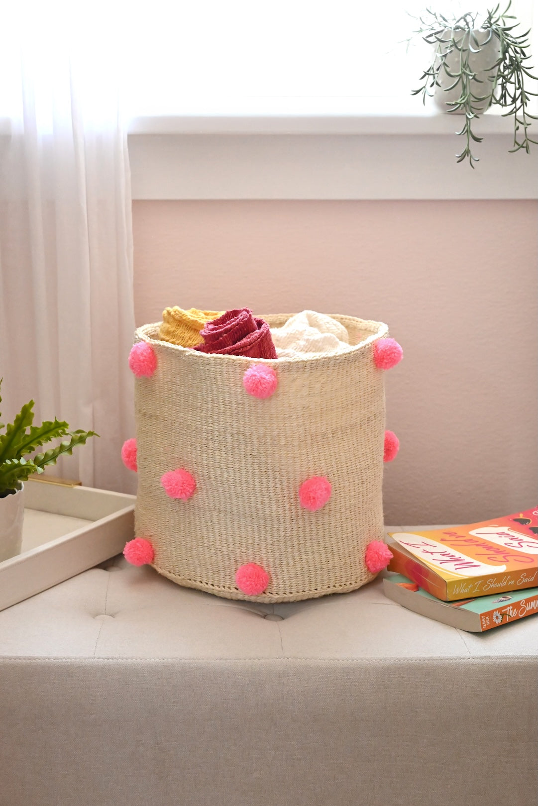 Natural Sisal Bin with Pink Pom Poms
