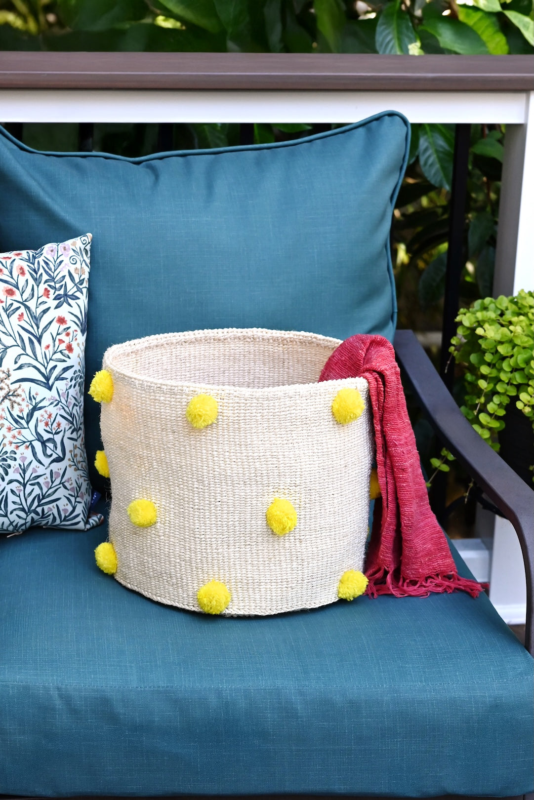 Natural Sisal Bin with Yellow Pom Poms