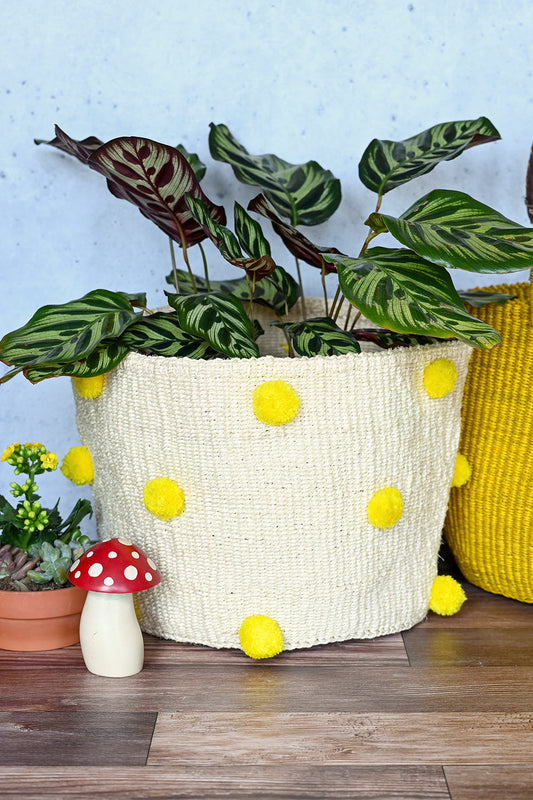 Natural Sisal Bin with Yellow Pom Poms
