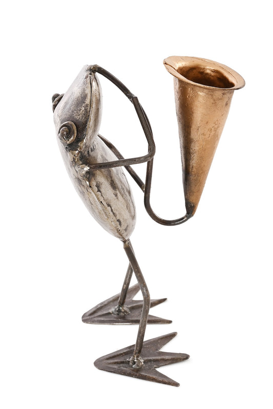 Horn Player Metal Frog Sculpture - Gold Horn