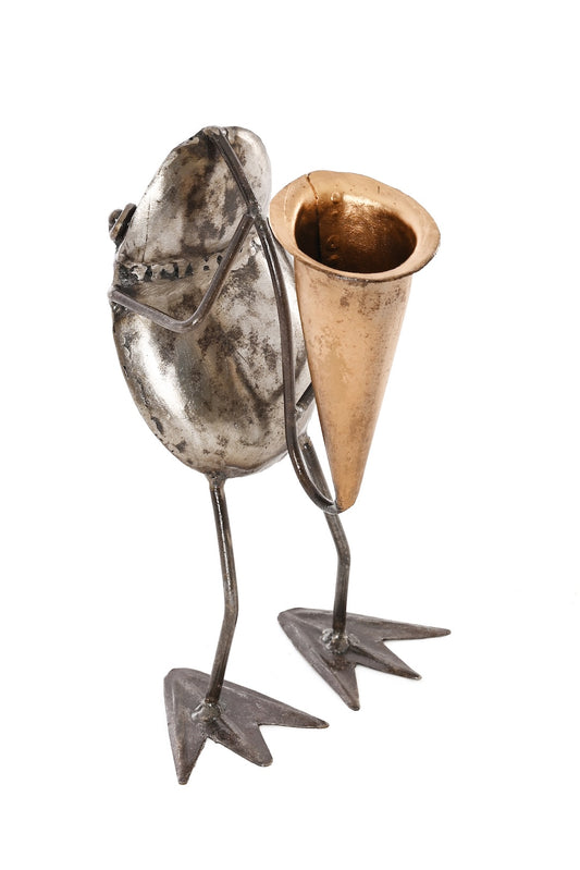 Horn Player Metal Frog Sculpture - Gold Horn
