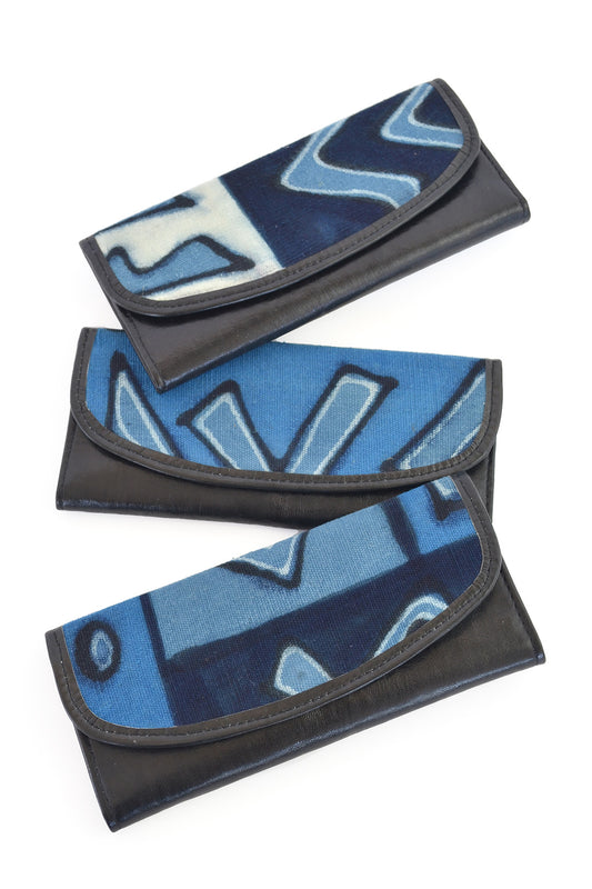 Blue Mudcloth & Black Leather Women's Wallet