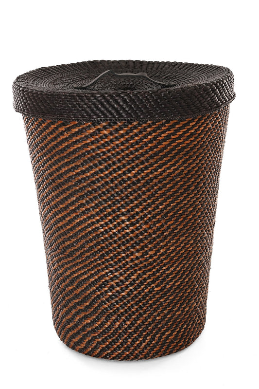 Large Black & Brown Milulu Reed Lidded Hamper - One of a Kind