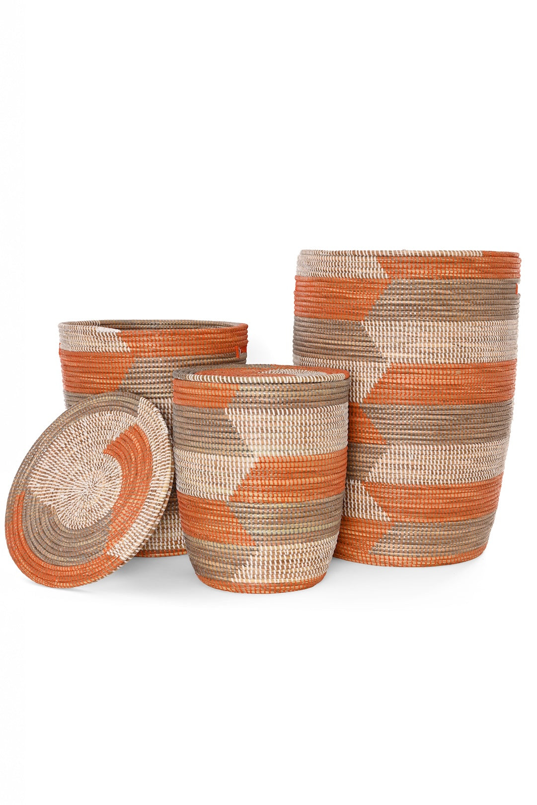 Set of Three Sugar & Spice Herringbone Flat Lid Hampers - One of a Kind