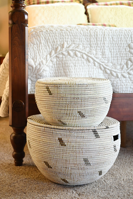 Set of Two White Nesting Baskets with Neutral Dash Pattern
