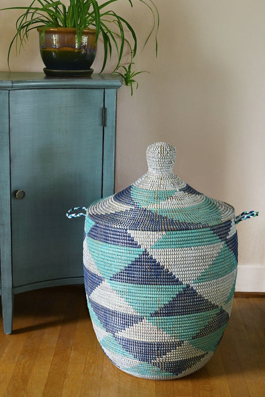 Large Blue and White Triangles Lidded Hamper Basket