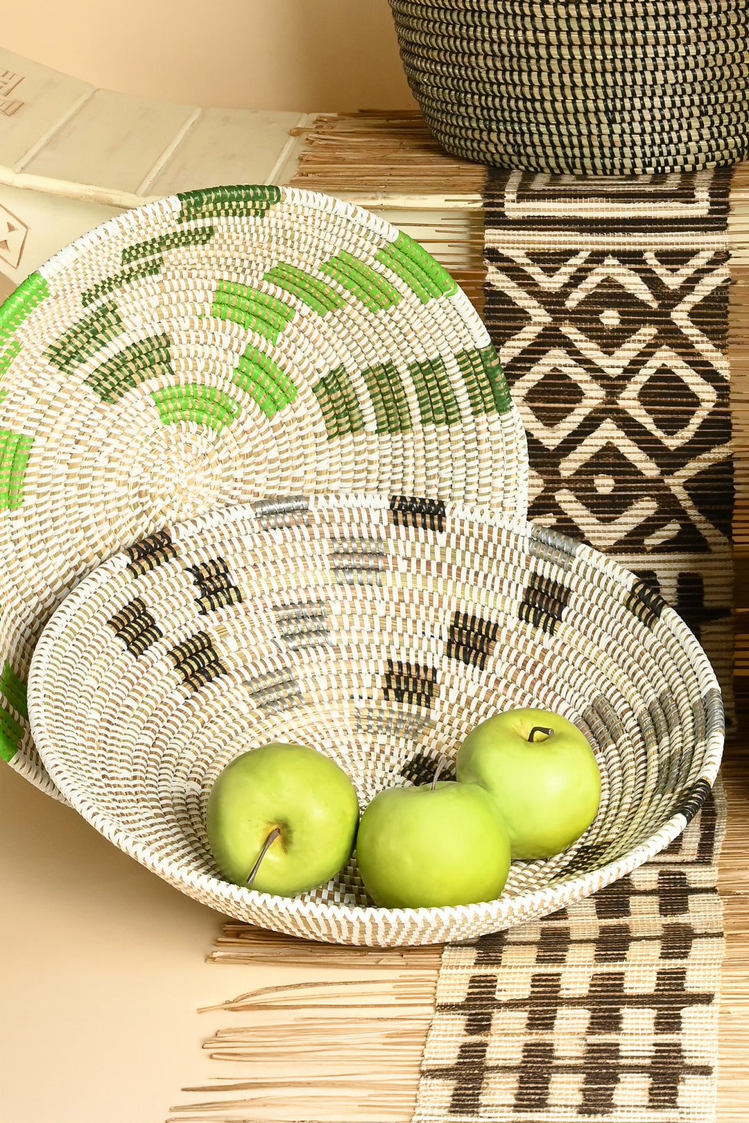White Tabletop Basket with Black and Silver Squares