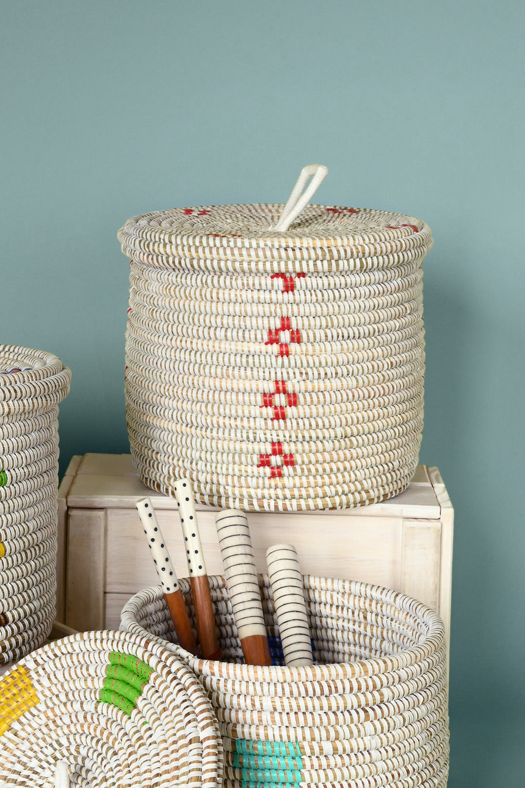 Red Blossom Lidded Storage Basket