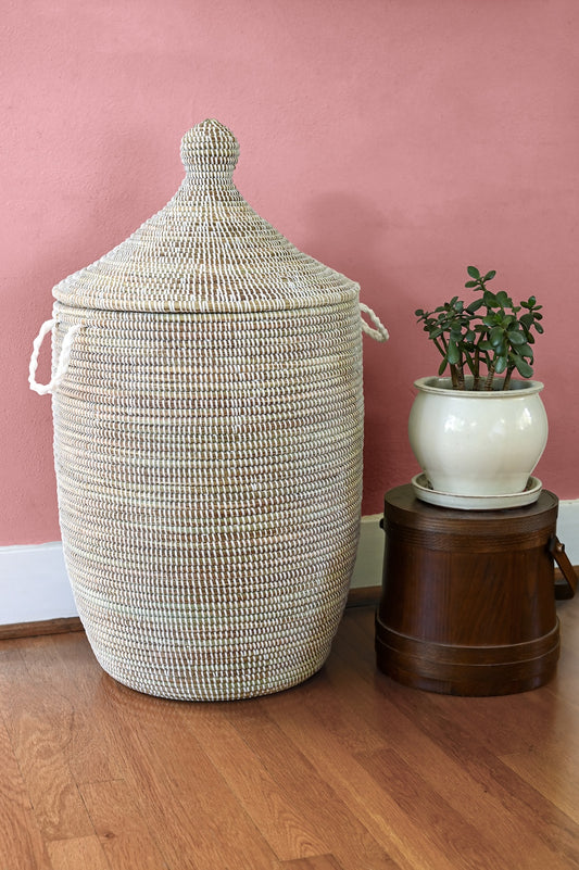 Laurel White Hamper Basket with Lid