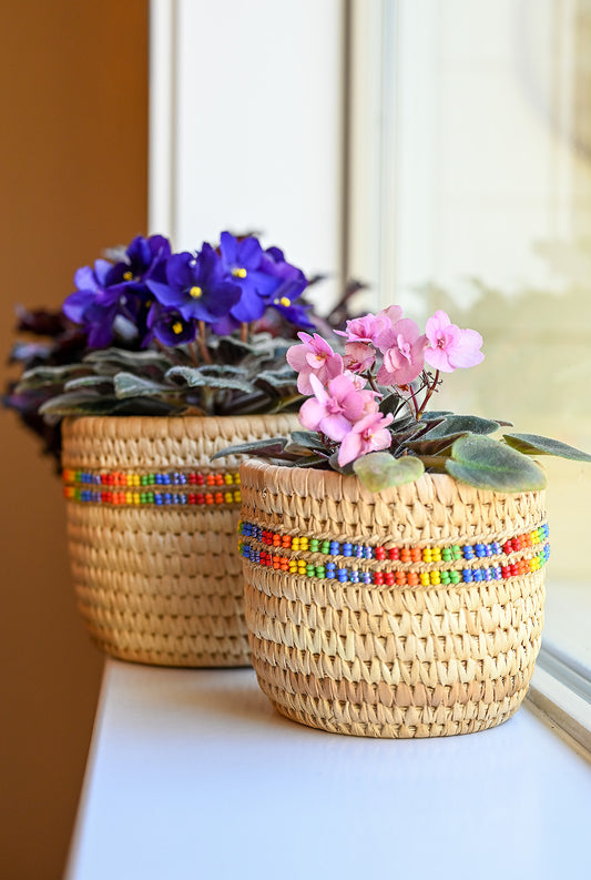 Nomadic Camel Milking Baskets with Rainbow Beaded Stripes