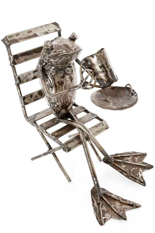 Coffee Sipping Metal Frog Sculpture