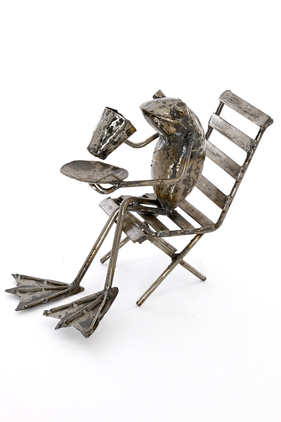 Coffee Sipping Metal Frog Sculpture - One of a Kind
