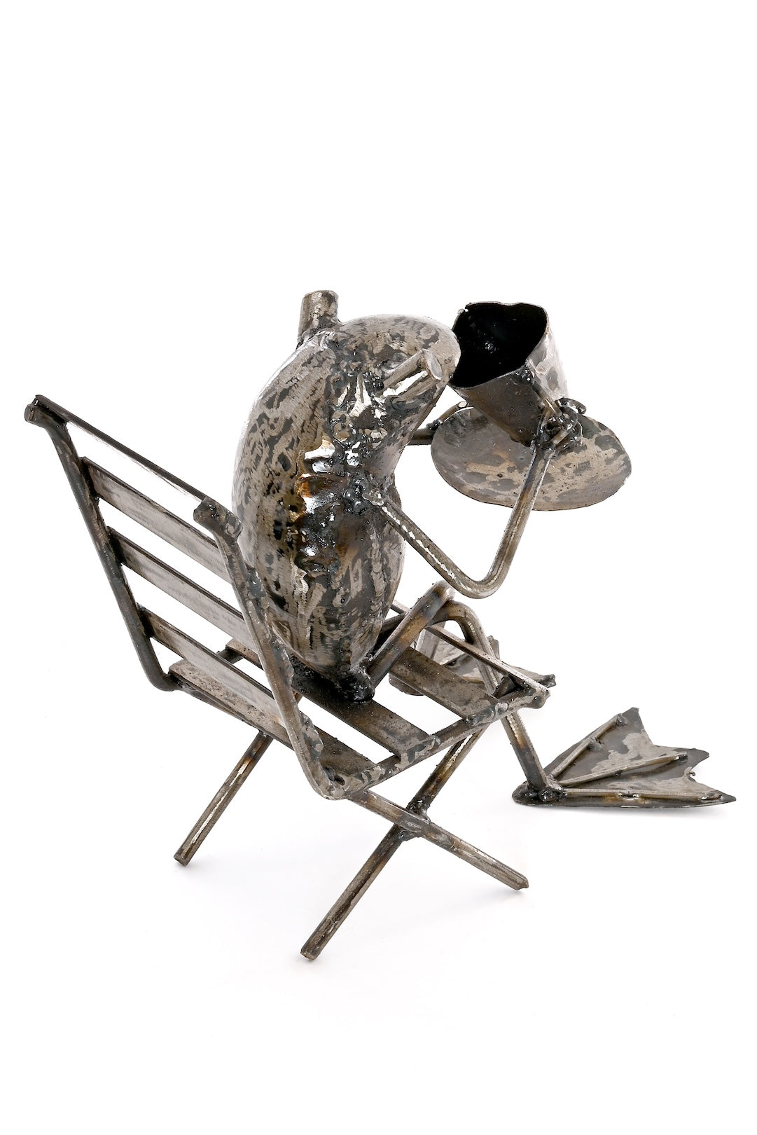 Coffee Sipping Metal Frog Sculpture - One of a Kind