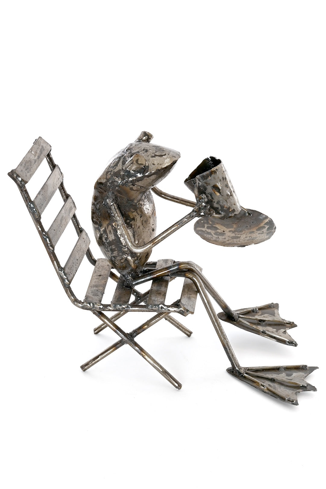 Coffee Sipping Metal Frog Sculpture - One of a Kind