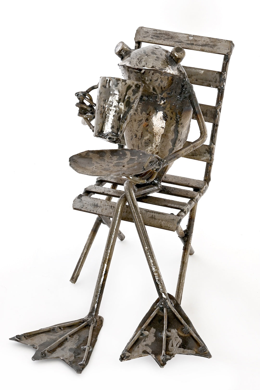 Coffee Sipping Metal Frog Sculpture - One of a Kind