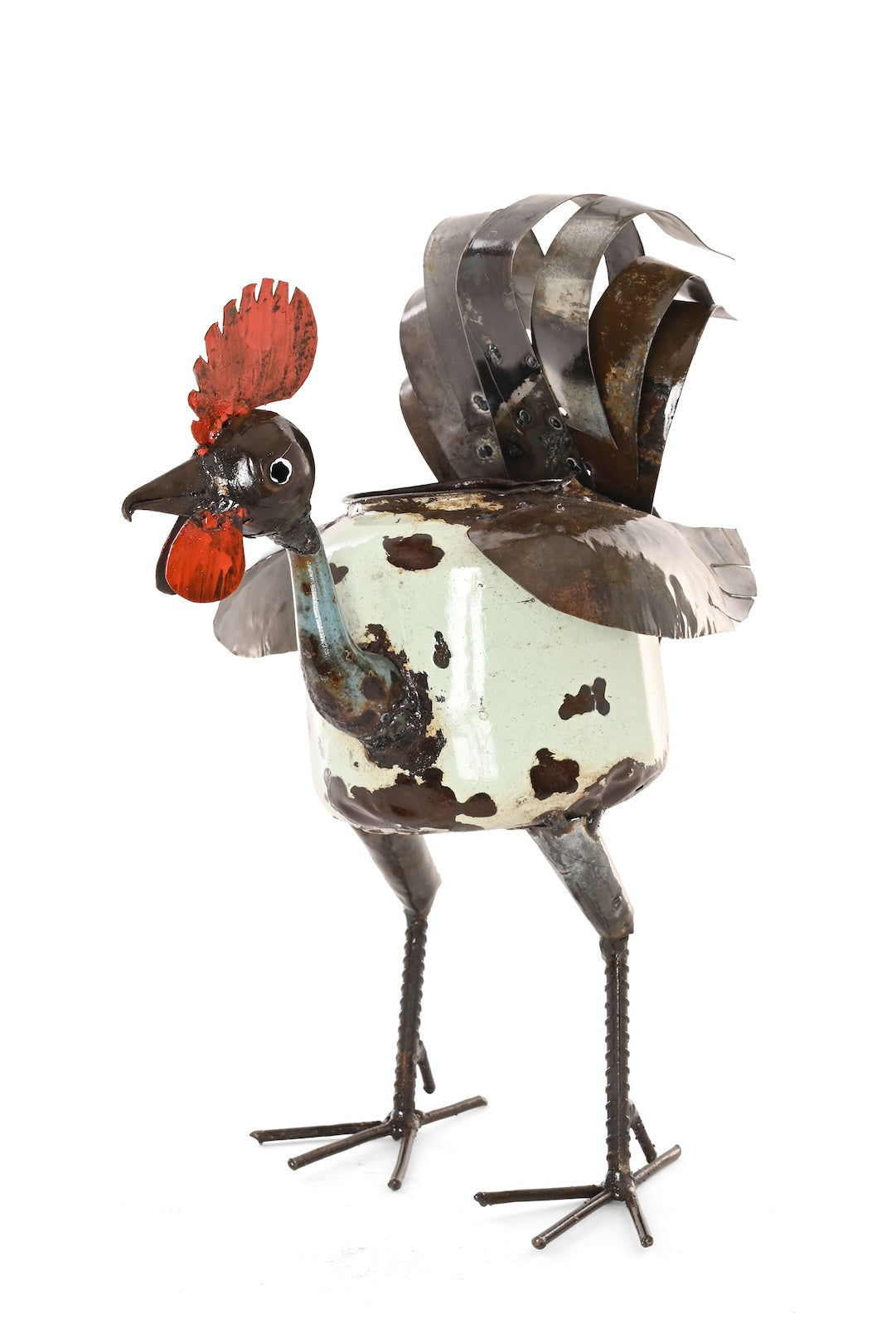 Recycled Aqua Teapot Rooster Planter - One of a Kind