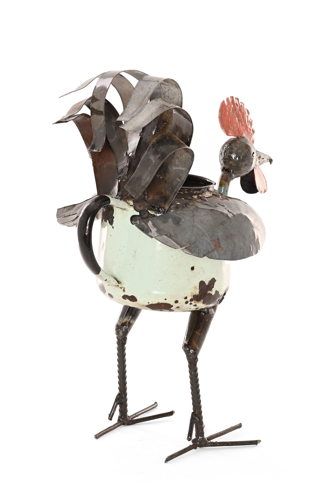 Recycled Aqua Teapot Rooster Planter - One of a Kind