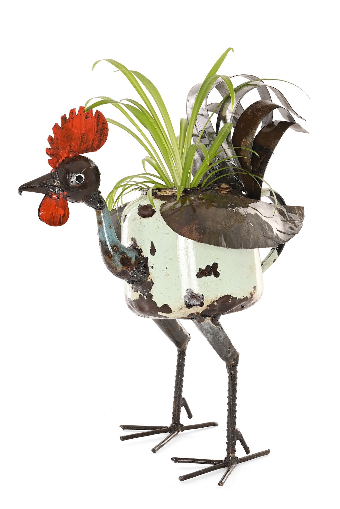 Recycled Aqua Teapot Rooster Planter - One of a Kind