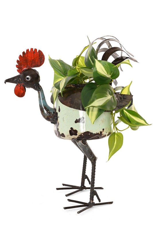 Recycled Aqua Teapot Rooster Planter - One of a Kind