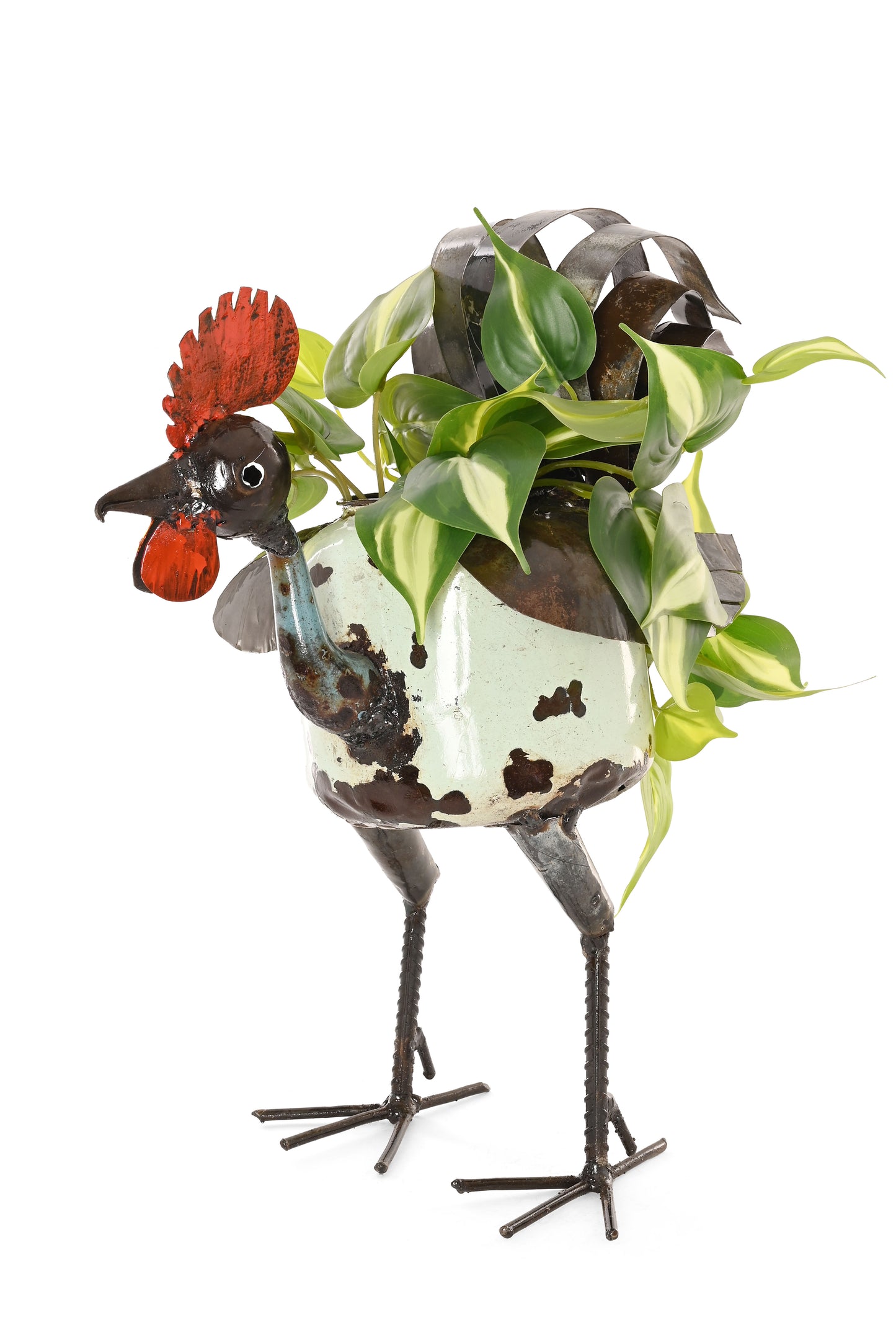 Recycled Aqua Teapot Rooster Planter - One of a Kind