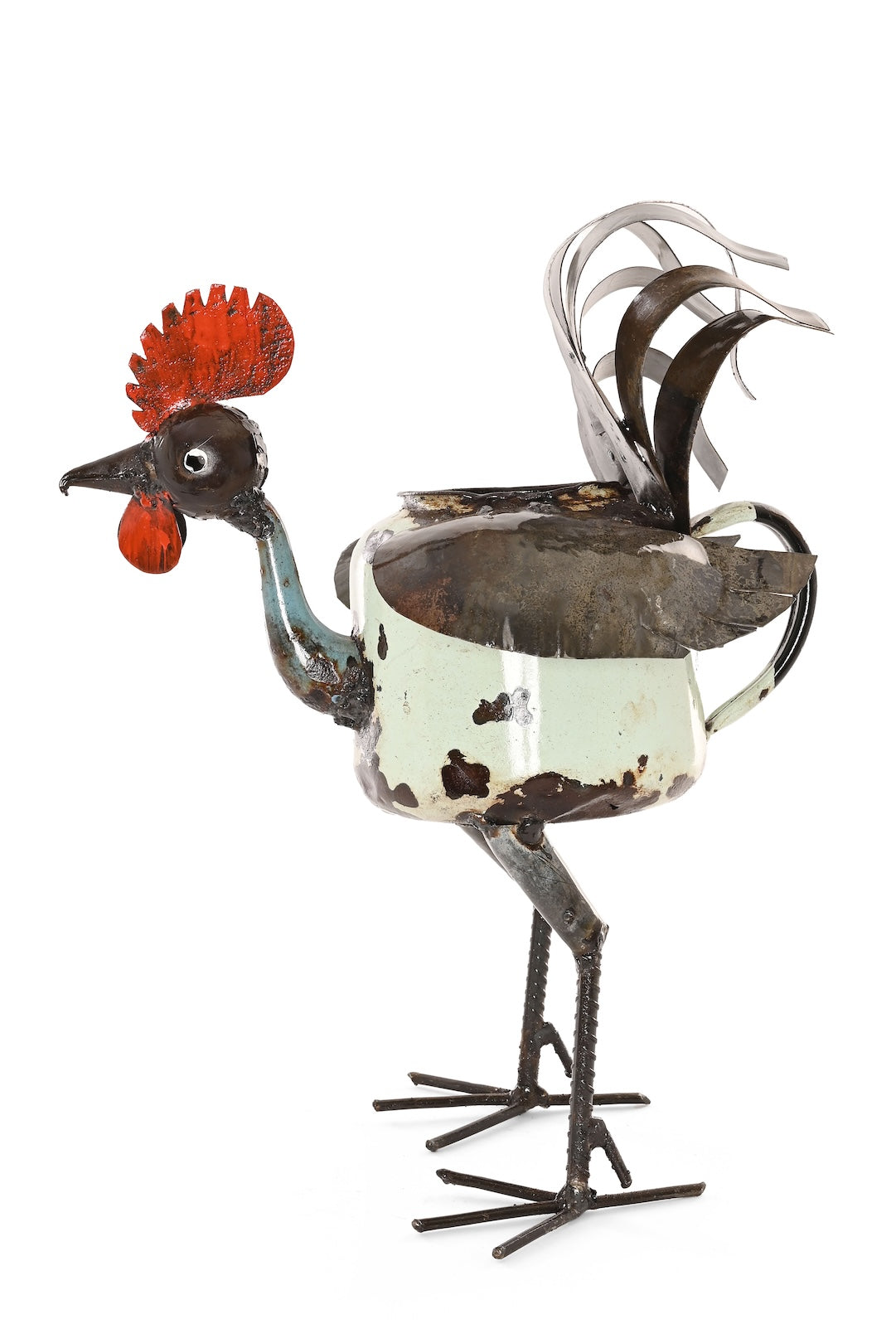 Recycled Aqua Teapot Rooster Planter - One of a Kind