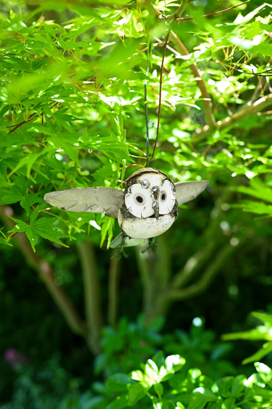 Owl in Flight Recycled Metal Hanging Sculpture