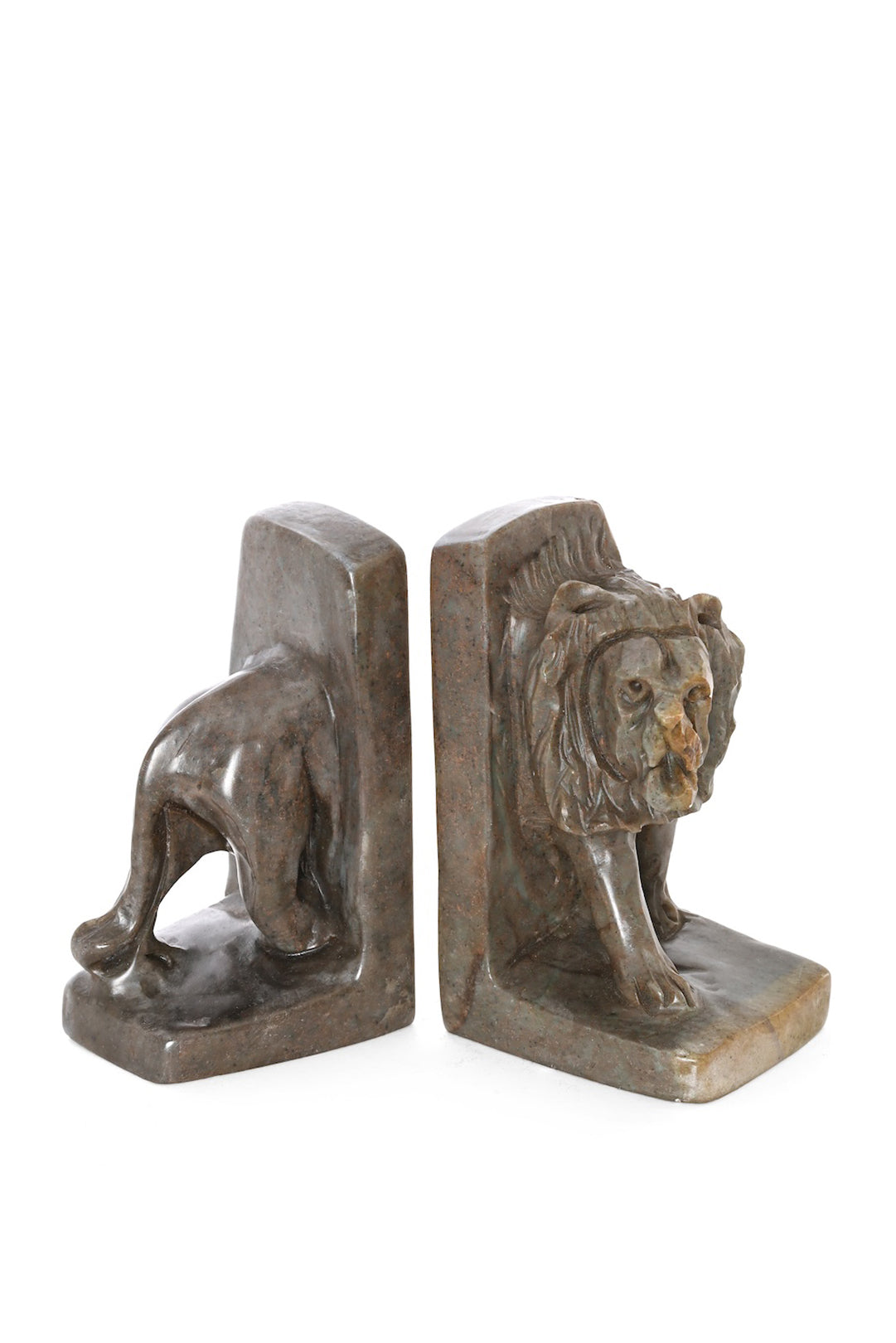 Serpentine Stone Lion Bookends - One of a Kind