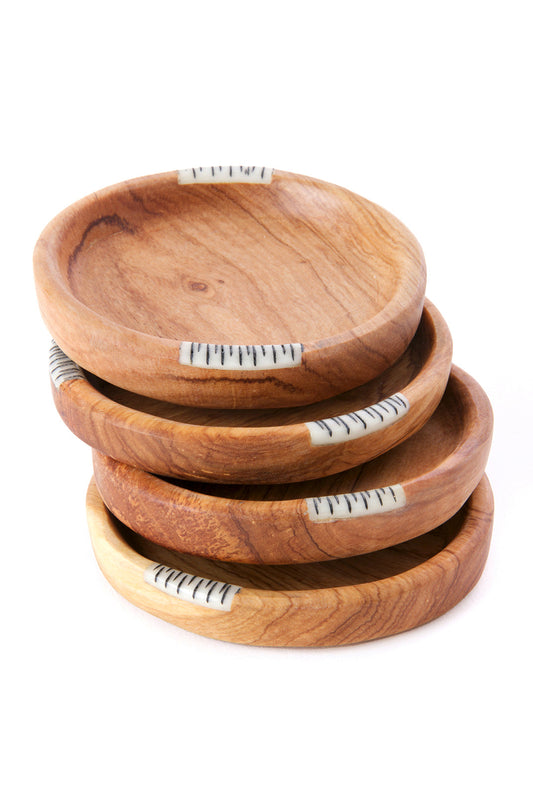 Set of 4 Olive Wood Coasters with Bone Inlay