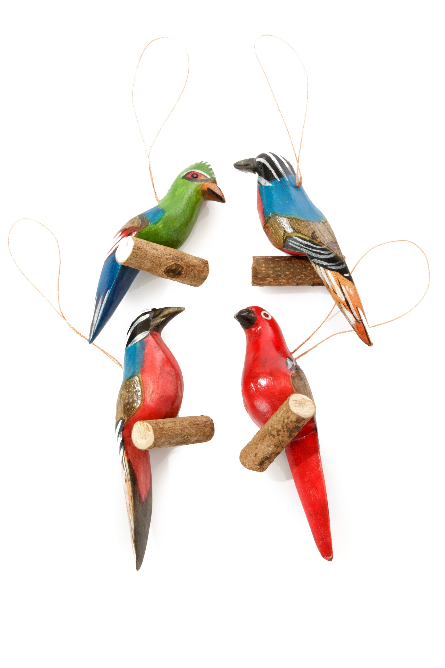 Set of Four Wooden Bird on Perch Ornaments