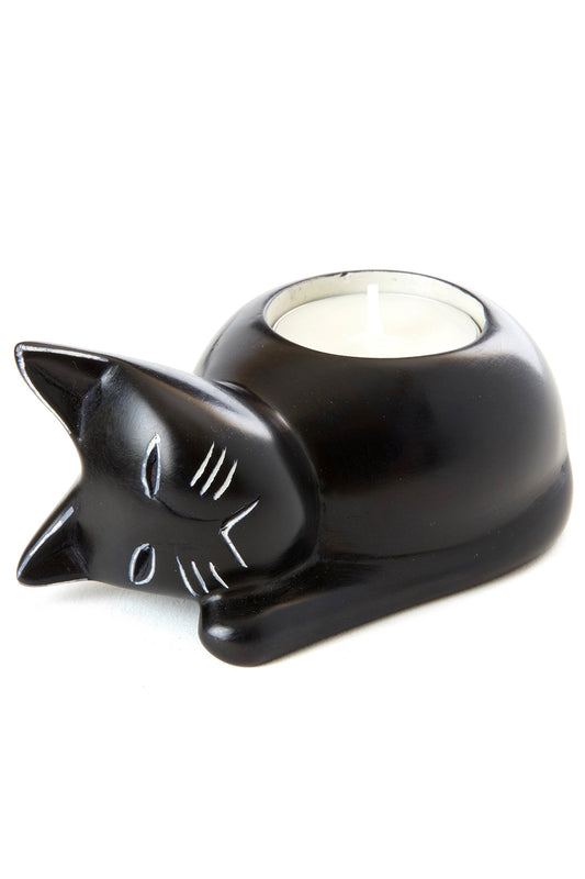 Soapstone Cozy Black Cat Tea Light Candle Holder