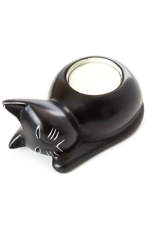 Soapstone Cozy Black Cat Tea Light Candle Holder