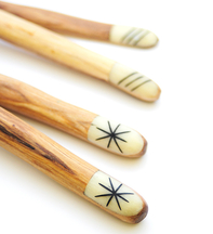 Notched Olive Wood Salad Servers with Various Etched Bone Tips