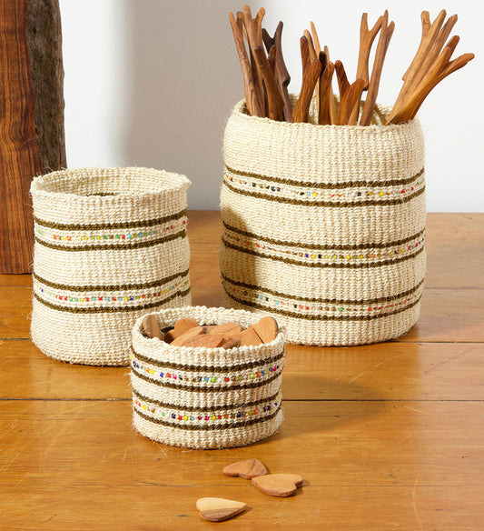 Set/3 Petite Vanilla Sisal Baskets with Colorful Beads