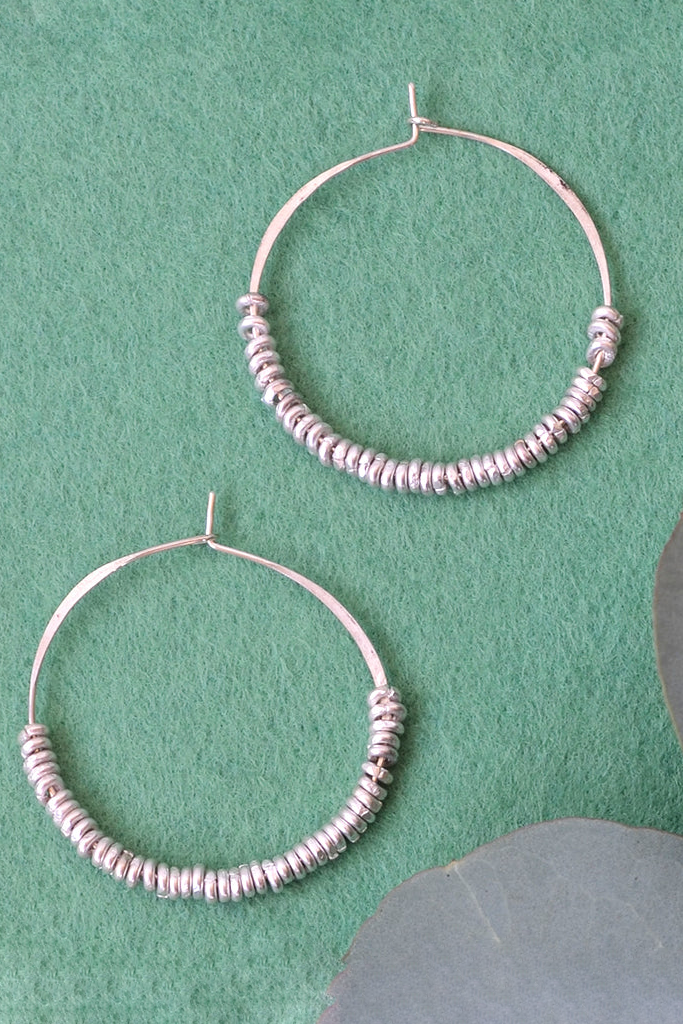 Sterling Silver Hammered Hoop Earrings with Silver Heishi - Large